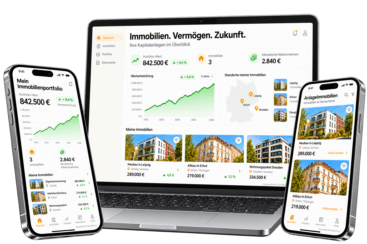 Laptop- und Smartphone-Ansicht einer beispielhaften Immobilienportfolio-Übersicht